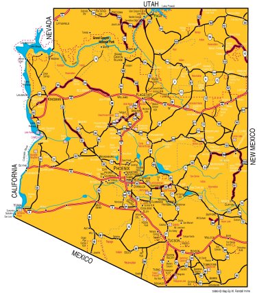 Map of Arizona, clearly marking Phoenix and neighbouring states