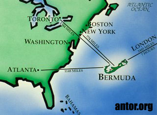 Map of Bermuda, clearly marking distances to main countries nearby